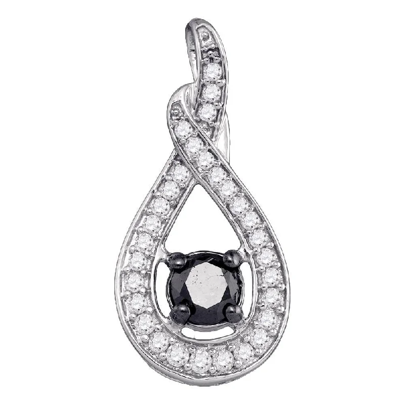 Buffed pewter necklace-10kt White Gold Womens Round Black Color Enhanced Diamond Teardrop Pendant 1 Cttw