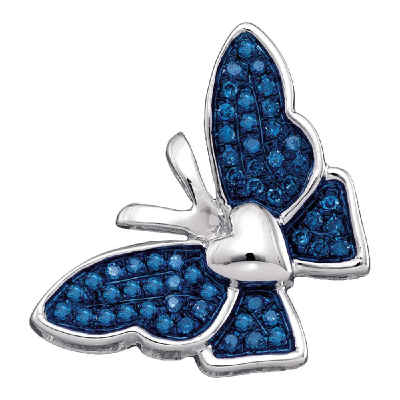 Elastic gem necklace-10kt White Gold Womens Round Blue Color Enhanced Diamond Butterfly Bug Pendant 1/6 Cttw