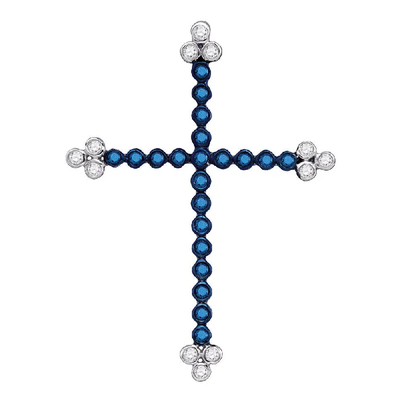 Sun-cut necklace-10kt White Gold Womens Round Blue Color Enhanced Diamond Cross Pendant 1/3 Cttw