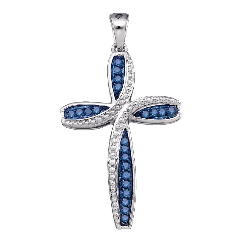 Lush peridot necklace-10kt White Gold Womens Round Blue Color Enhanced Diamond Cross Pendant 1/4 Cttw