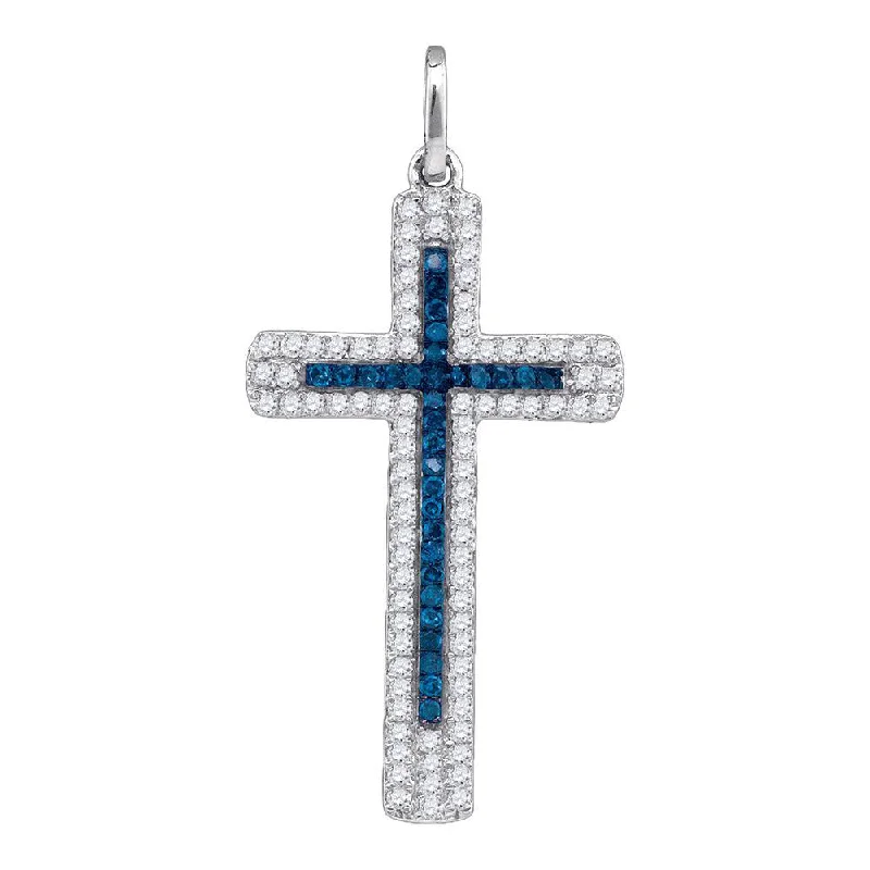 Sleek cobalt necklace-10kt White Gold Womens Round Blue Color Enhanced Diamond Cross Pendant 1/4 Cttw