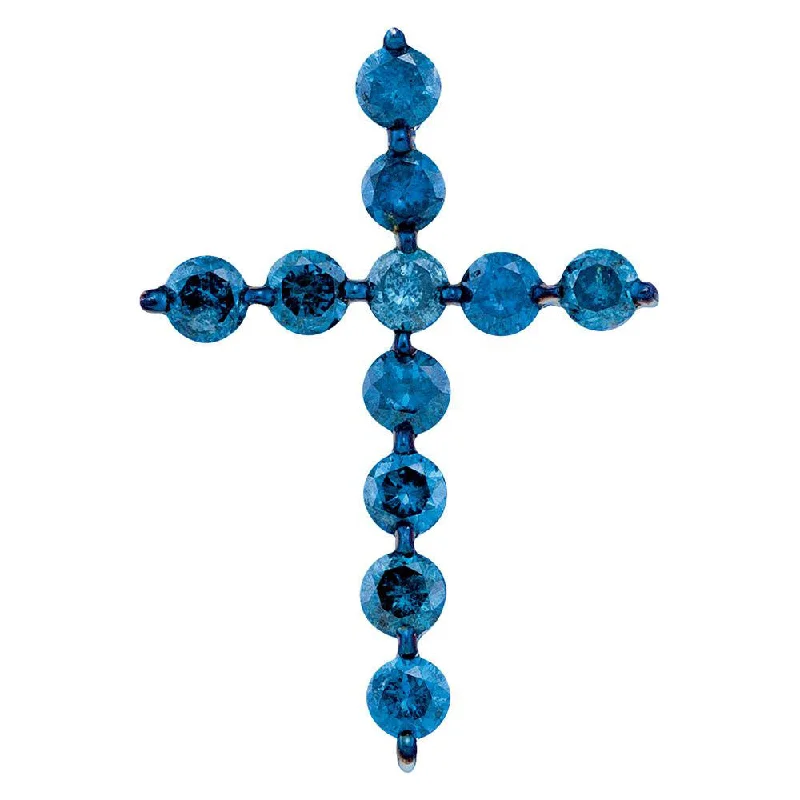 Flowing wave necklace-10kt White Gold Womens Round Blue Color Enhanced Diamond Cross Religious Pendant 1/2 Cttw