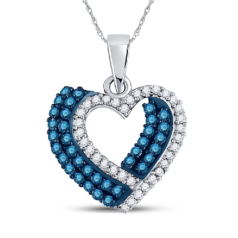 Fine link necklace-10kt White Gold Womens Round Blue Color Enhanced Diamond Double Heart Pendant 3/8 Cttw