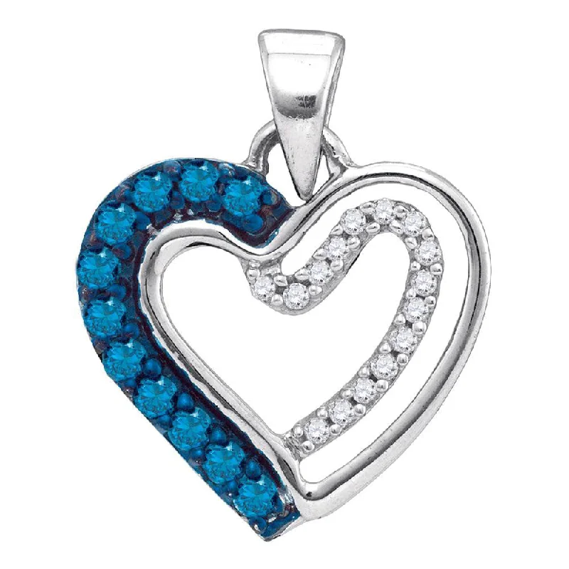 Pearlized stone necklace-10kt White Gold Womens Round Blue Color Enhanced Diamond Double Nested Heart Pendant 1/5 Cttw