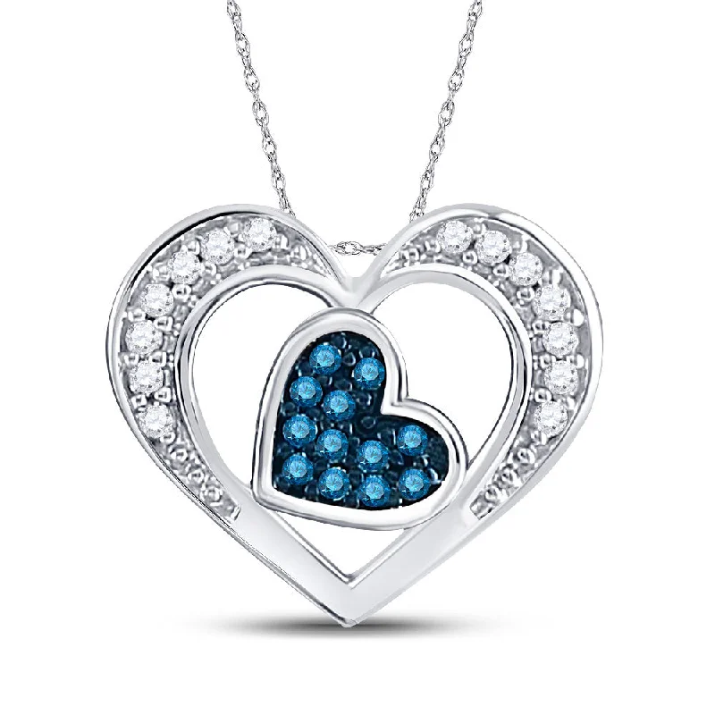 Thick gold necklace-10kt White Gold Womens Round Blue Color Enhanced Diamond Heart Pendant 1/20 Cttw