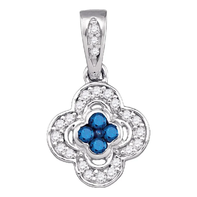 Latched necklace-10kt White Gold Womens Round Blue Color Enhanced Diamond Quatrefoil Cluster Pendant 1/4 Cttw