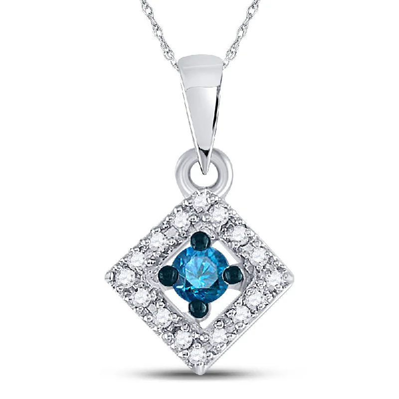 Vintage emerald necklace-10kt White Gold Womens Round Blue Color Enhanced Diamond Square Pendant 1/5 Cttw