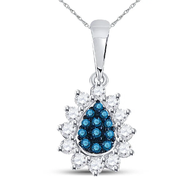 Hovering diamond necklace-10kt White Gold Womens Round Blue Color Enhanced Diamond Teardrop Cluster Pendant 1/4 Cttw