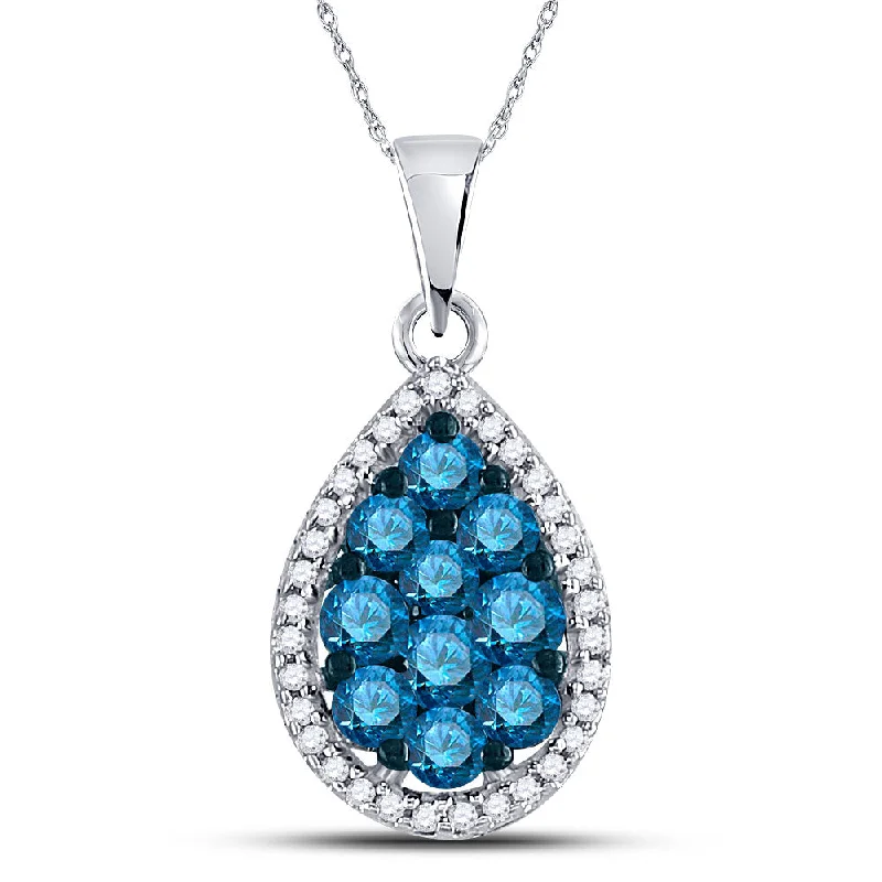 Shiny pewter necklace-10kt White Gold Womens Round Blue Color Enhanced Diamond Teardrop Cluster Pendant 3/4 Cttw