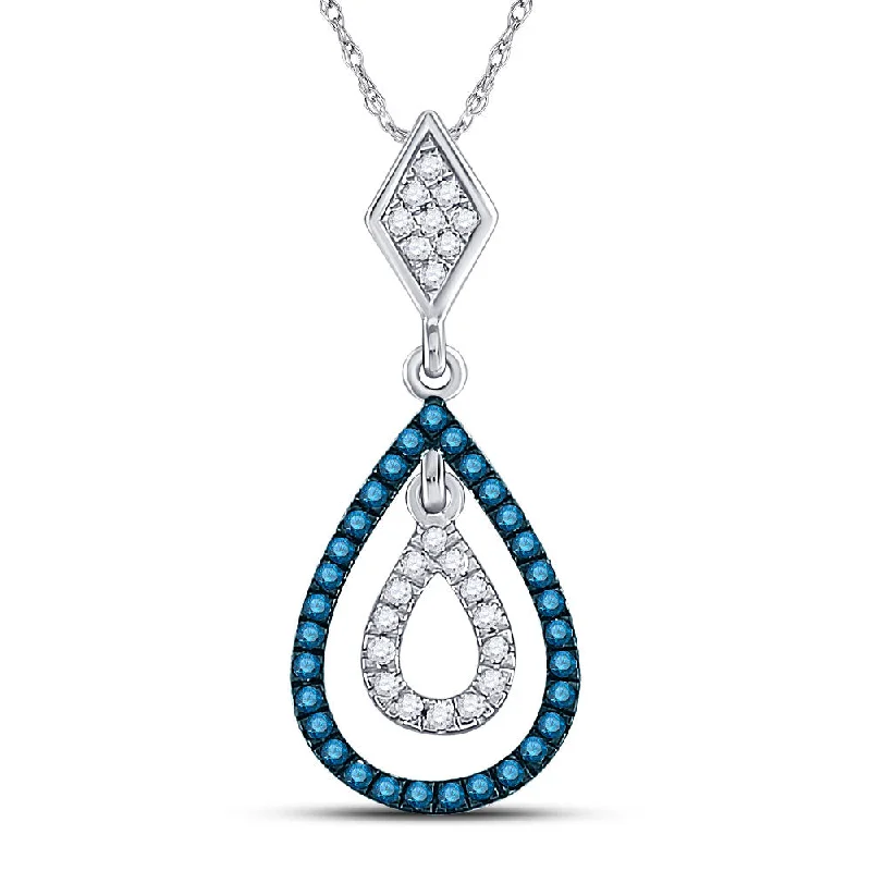 Solid pave necklace-10kt White Gold Womens Round Blue Color Enhanced Diamond Teardrop Pendant 1/5 Cttw