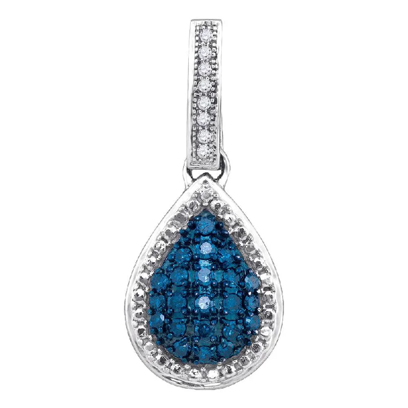 Glossy hematite necklace-10kt White Gold Womens Round Blue Color Enhanced Diamond Teardrop Pendant 1/5 Cttw