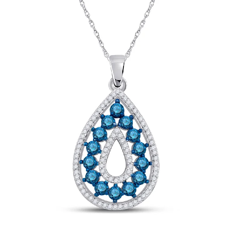 Curled wire necklace-10kt White Gold Womens Round Blue Color Enhanced Diamond Teardrop Pendant 1 Cttw