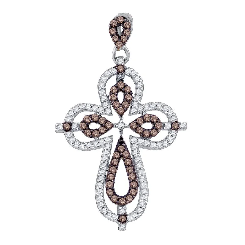 Vibrant diamond necklace-10kt White Gold Womens Round Brown Diamond Cross Pendant 1/2 Cttw