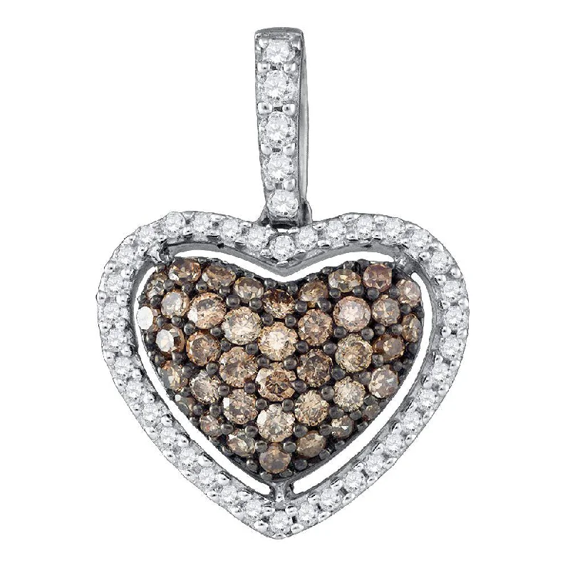 Single pearl necklace-10kt White Gold Womens Round Brown Diamond Heart Pendant 1/2 Cttw