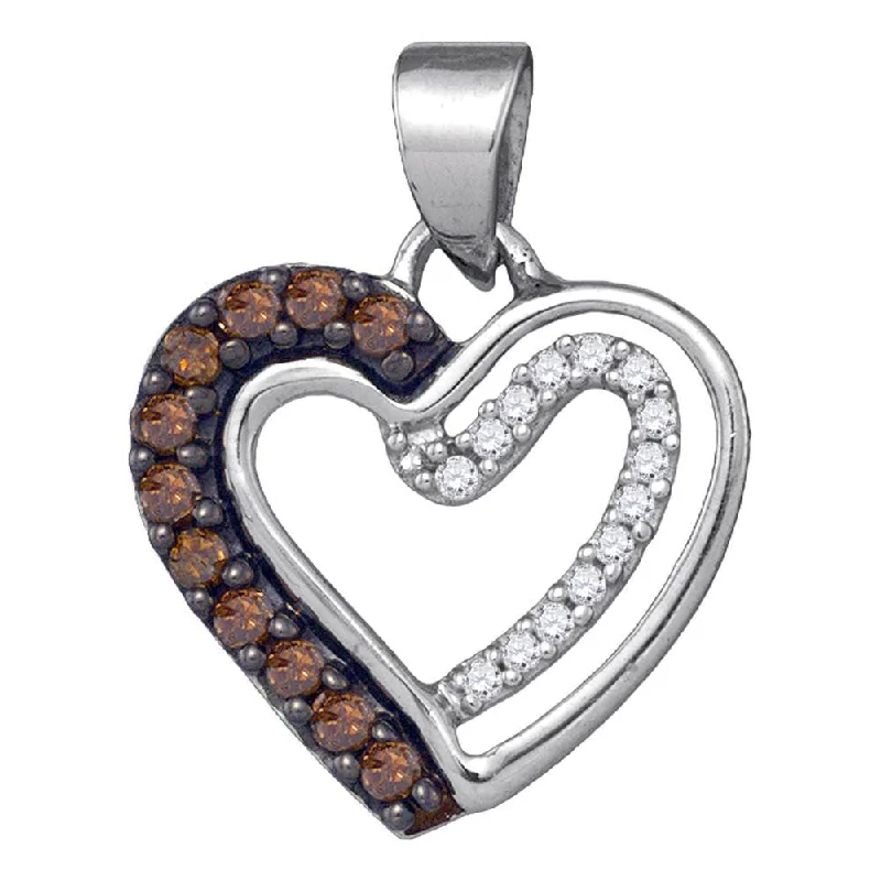 Craggy stone necklace-10kt White Gold Womens Round Brown Diamond Heart Pendant 1/5 Cttw