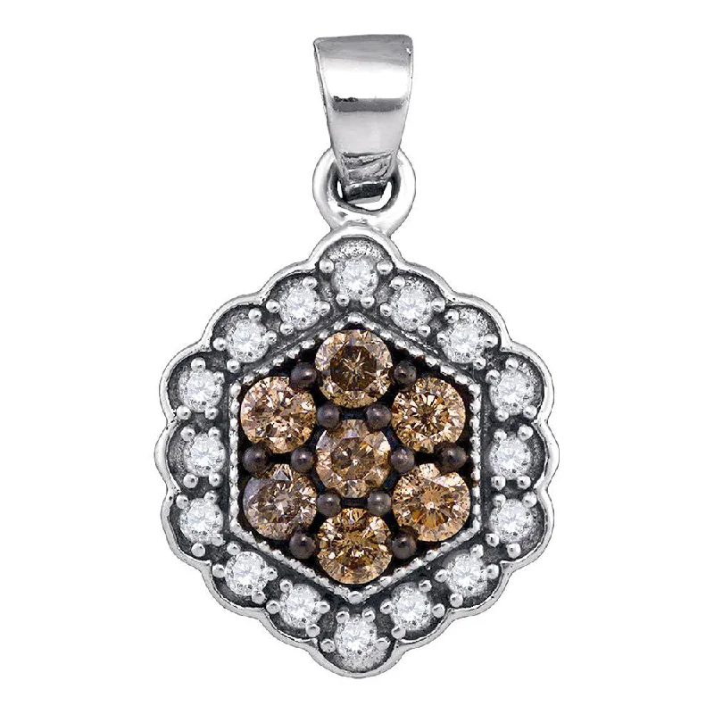 Luminous amethyst necklace-10kt White Gold Womens Round Brown Diamond Hexagon Flower Cluster Pendant 1/2 Cttw