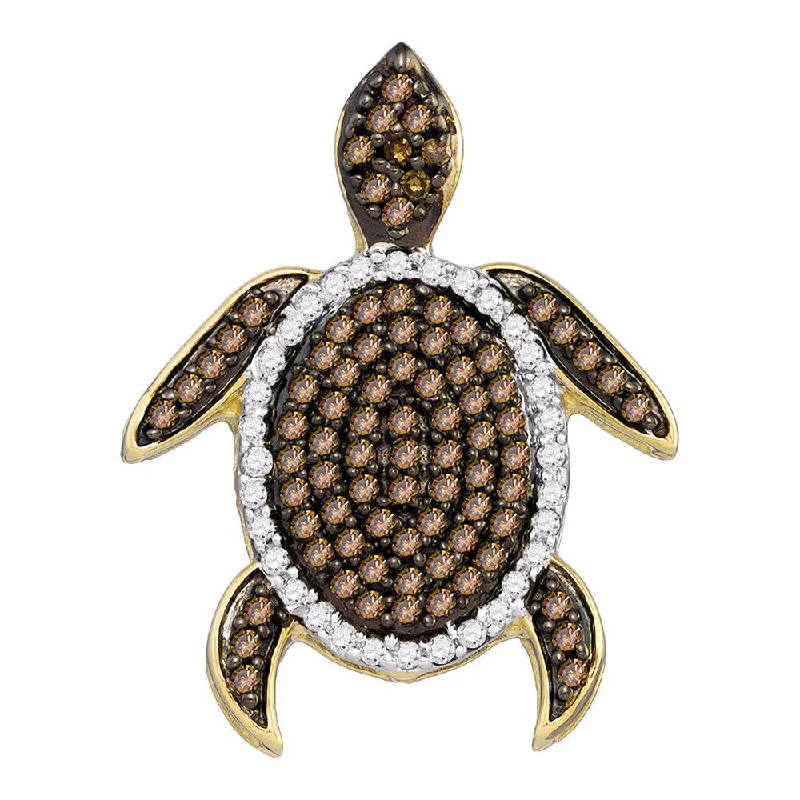 Faint silver necklace-10kt White Gold Womens Round Brown Diamond Sea Turtle Animal Pendant 3/8 Cttw