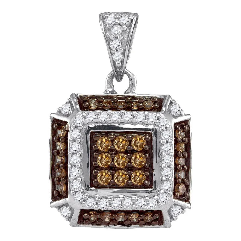 Classic topaz necklace-10kt White Gold Womens Round Brown Diamond Square Pendant 1/2 Cttw