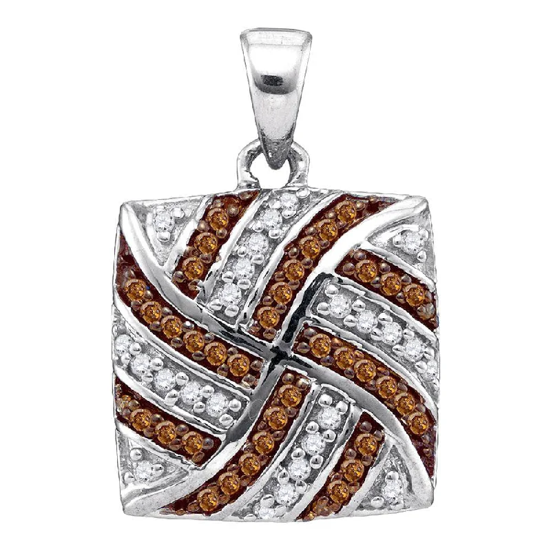 Thick gold necklace-10kt White Gold Womens Round Brown Diamond Square Pendant 1/4 Cttw