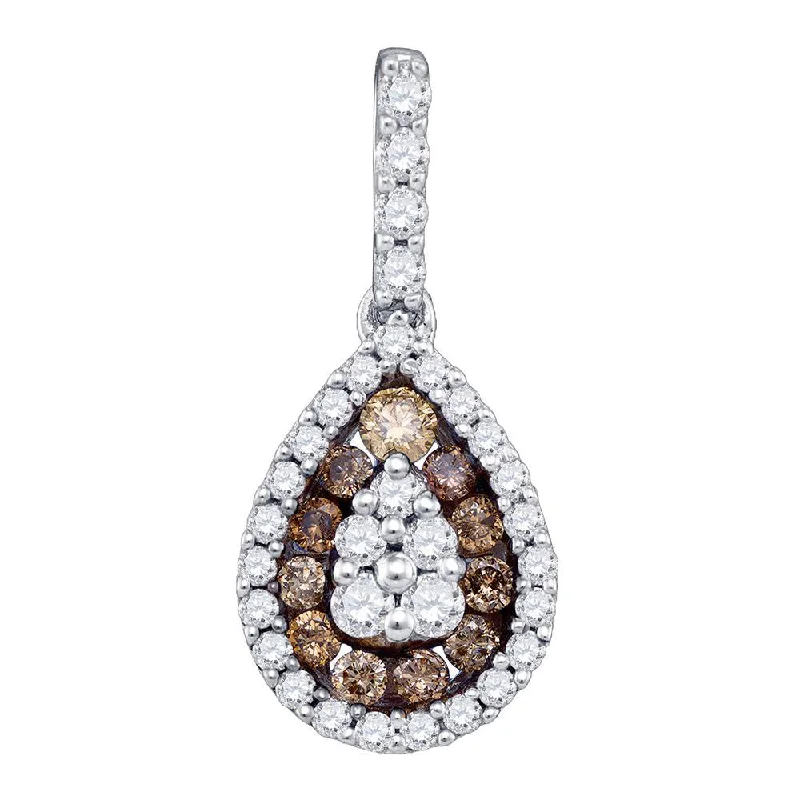 Craggy stone necklace-10kt White Gold Womens Round Brown Diamond Teardrop Frame Cluster Pendant 1/2 Cttw