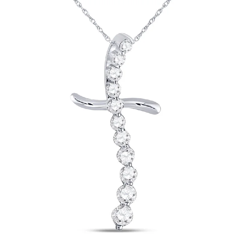 Lustrous gold necklace-10kt White Gold Womens Round Diamond Curved Cross Pendant 1/4 Cttw