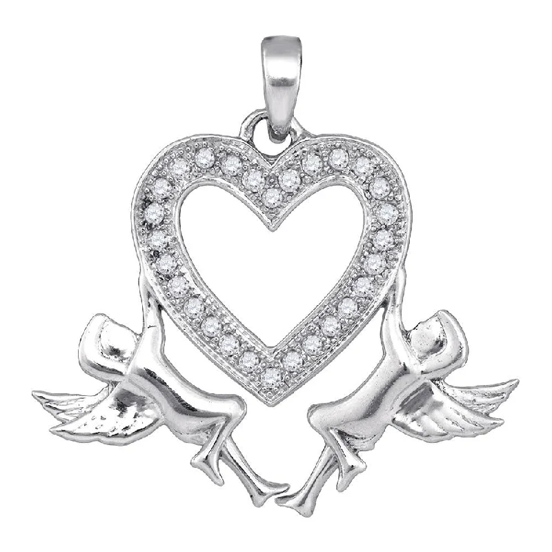 Crest motif necklace-10kt White Gold Womens Round Diamond Heart Angel Cherub Pendant 1/10 Cttw