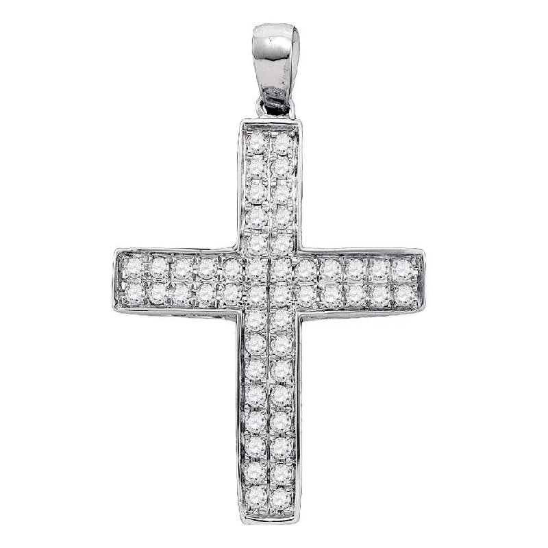 Hovering diamond necklace-10kt White Gold Womens Round Diamond Roman Cross Pendant 1/2 Cttw