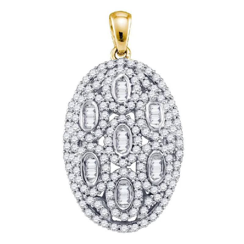 Scored chain necklace-10kt Yellow Gold Womens Round Baguette Diamond Oval Cluster Pendant 1 Cttw