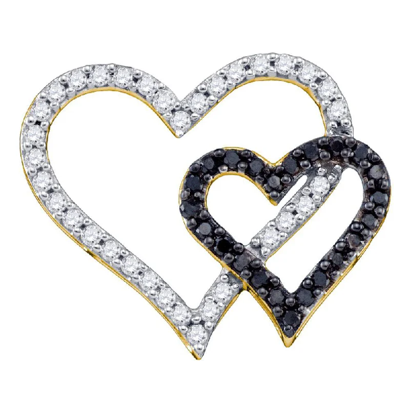 Hand-scored necklace-10kt Yellow Gold Womens Round Black Color Enhanced Diamond Double Heart Pendant 1/2 Cttw