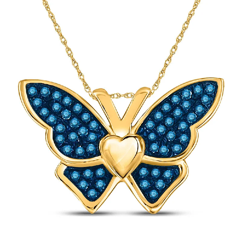 Tarnished gold necklace-10kt Yellow Gold Womens Round Blue Color Enhanced Diamond Butterfly Bug Pendant 1/6 Cttw