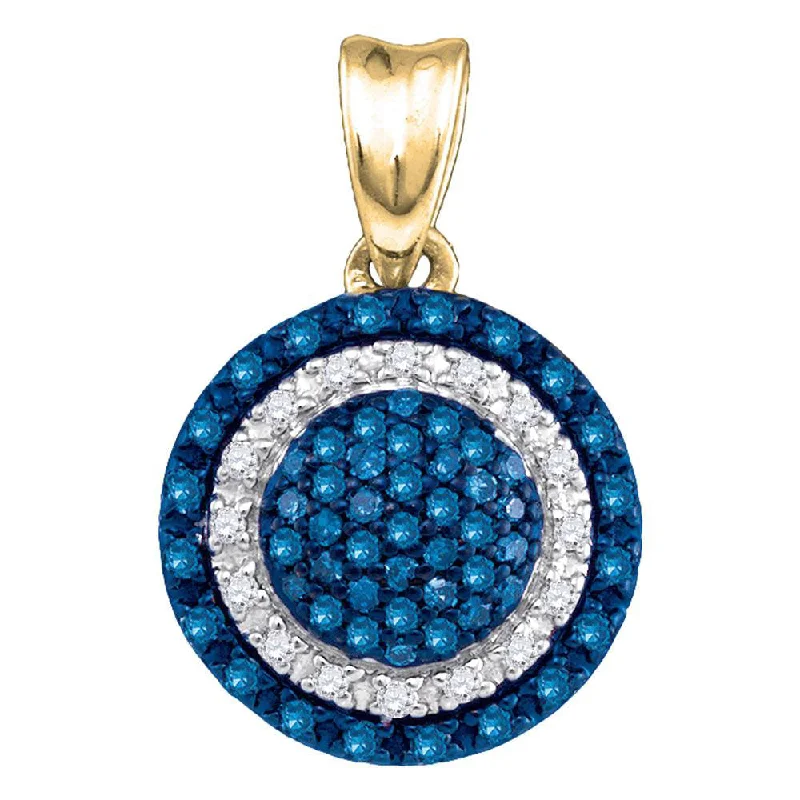 Shining gem necklace-10kt Yellow Gold Womens Round Blue Color Enhanced Diamond Circle Cluster Pendant 1/4 Cttw