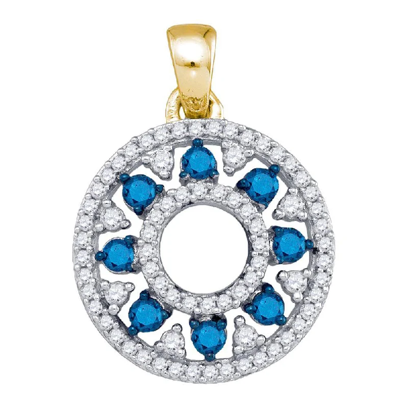 Vintage ruby necklace-10kt Yellow Gold Womens Round Blue Color Enhanced Diamond Circle Cutout Pendant 1/2 Cttw