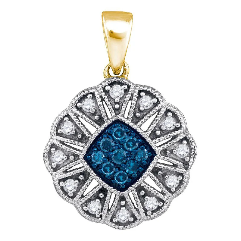 Streamlined necklace-10kt Yellow Gold Womens Round Blue Color Enhanced Diamond Fashion Pendant 1/5 Cttw