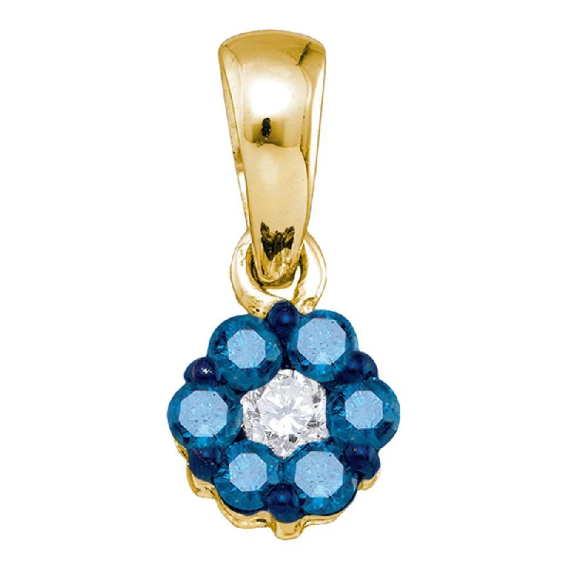 Six-gem necklace-10kt Yellow Gold Womens Round Blue Color Enhanced Diamond Flower Cluster Pendant 1/4 Cttw