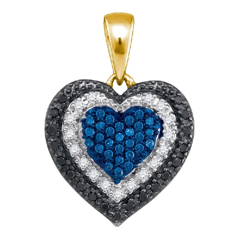 Winding pattern necklace-10kt Yellow Gold Womens Round Blue Color Enhanced Diamond Layered Heart Pendant 1/4 Cttw