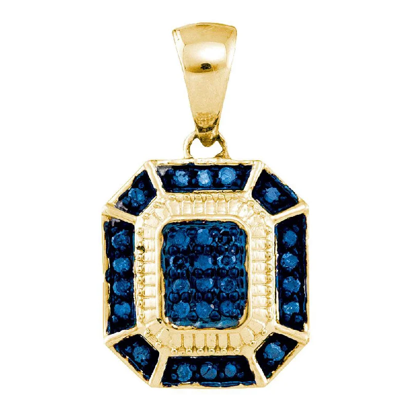 Flecked enamel necklace-10kt Yellow Gold Womens Round Blue Color Enhanced Diamond Rectangle Cluster Pendant 1/6 Cttw