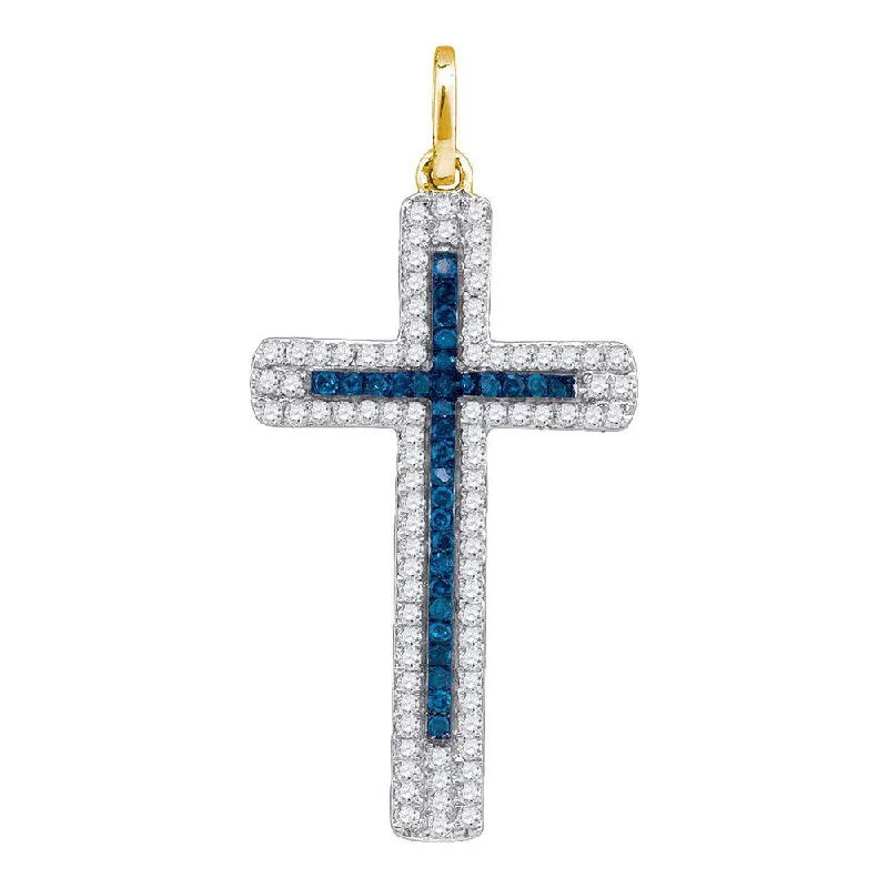 Fine-etched necklace-10kt Yellow Gold Womens Round Blue Color Enhanced Diamond Roman Cross Pendant 1/4 Cttw