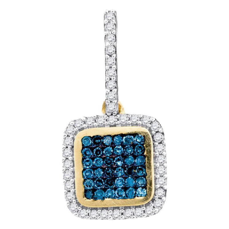 Holographic necklace-10kt Yellow Gold Womens Round Blue Color Enhanced Diamond Square Cluster Pendant 1/4 Cttw