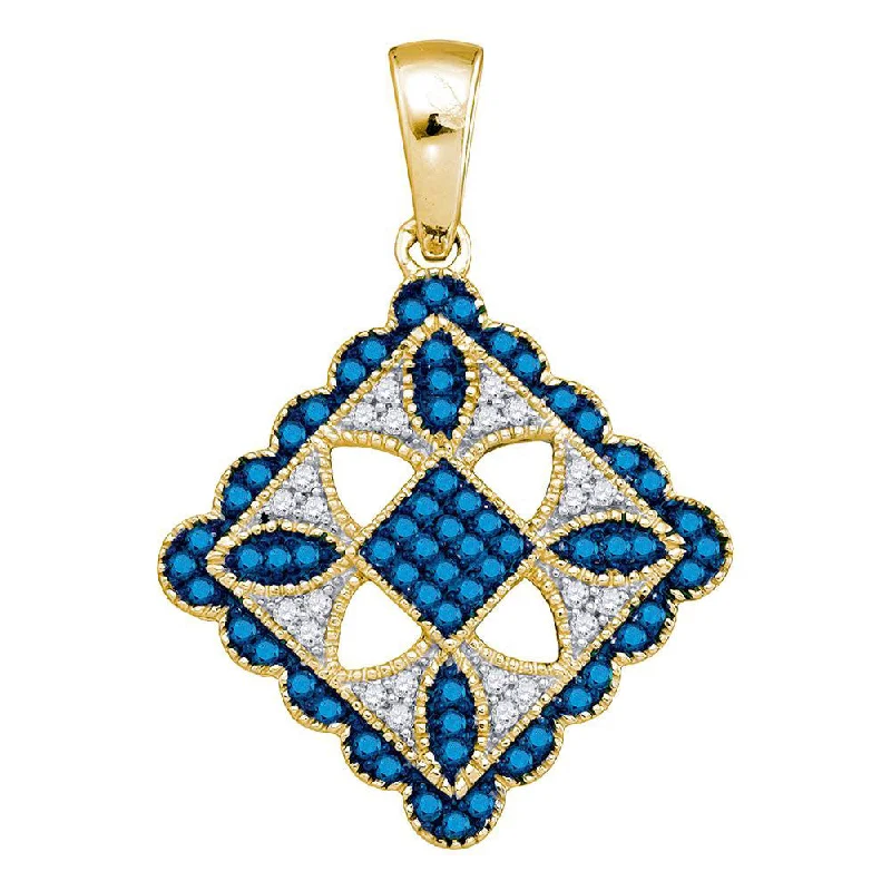 Fine link necklace-10kt Yellow Gold Womens Round Blue Color Enhanced Diamond Square Pendant 1/4 Cttw