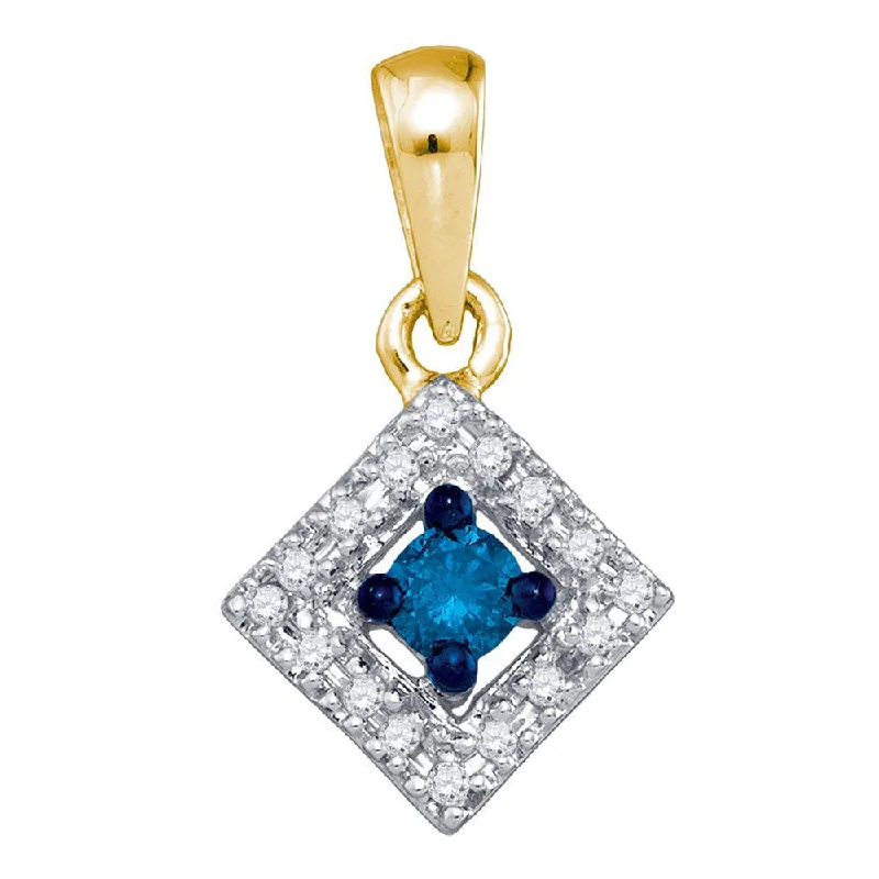 Channel-edge necklace-10kt Yellow Gold Womens Round Blue Color Enhanced Diamond Square Pendant 1/5 Cttw