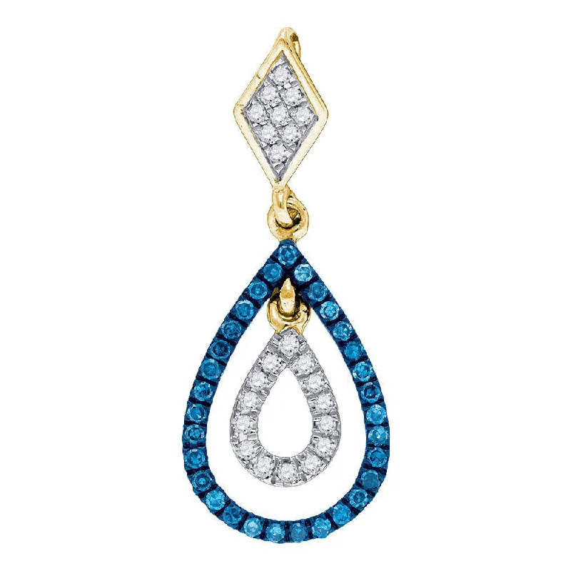 Linked-heart necklace-10kt Yellow Gold Womens Round Blue Color Enhanced Diamond Teardrop Pendant 1/5 Cttw