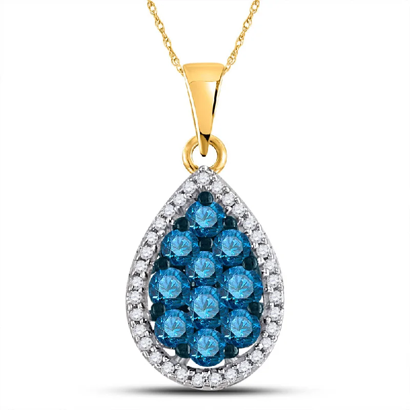 Nested gem necklace-10kt Yellow Gold Womens Round Blue Color Enhanced Diamond Teardrop Pendant 3/4 Cttw