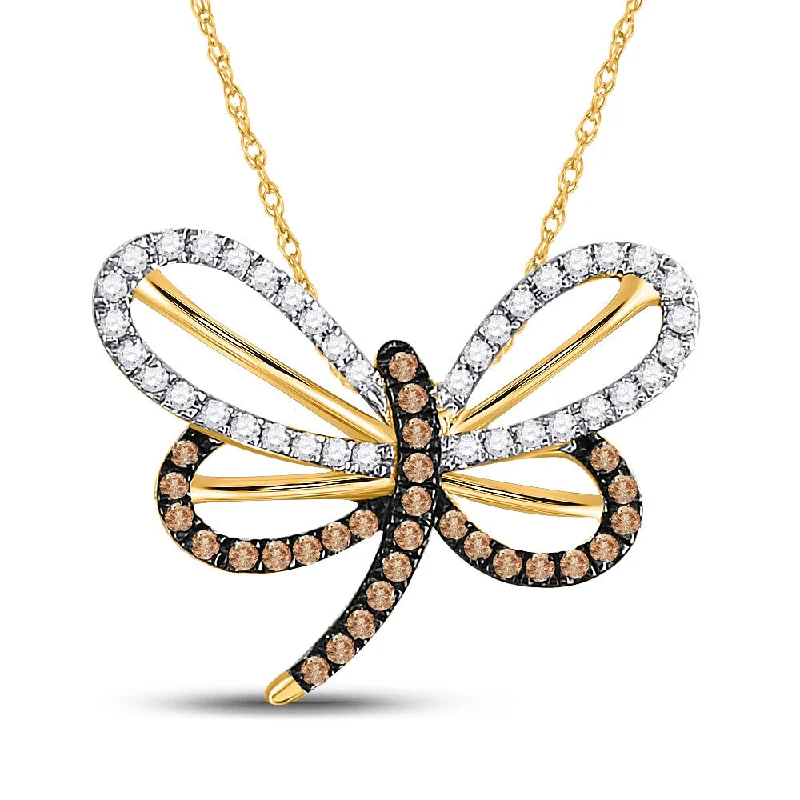 Pointed stone necklace-10kt Yellow Gold Womens Round Brown Diamond Butterfly Bug Pendant 1/4 Cttw