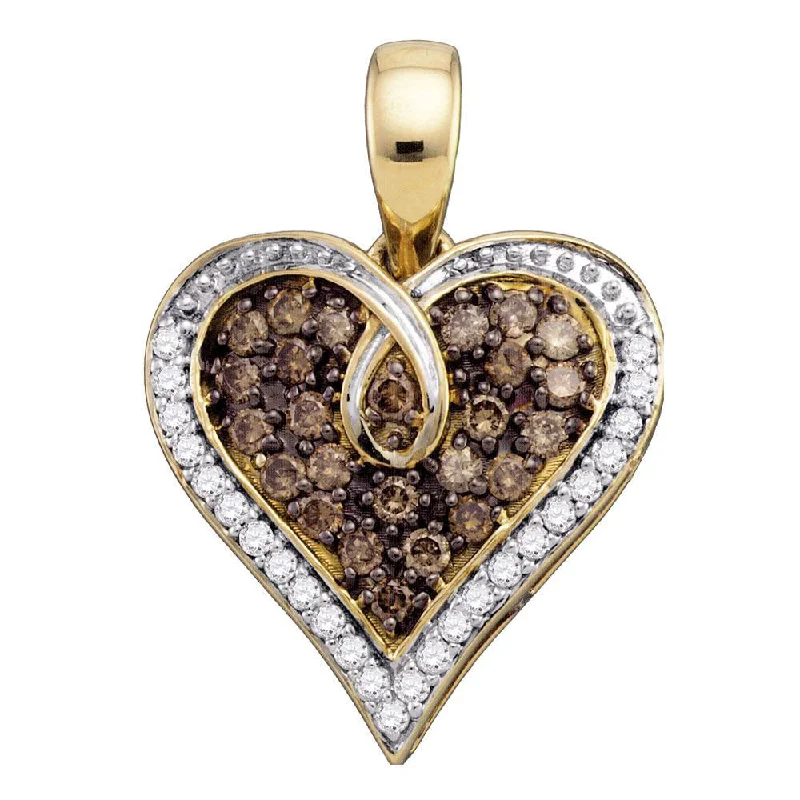 Linked-heart necklace-10kt Yellow Gold Womens Round Brown Diamond Heart Pendant 1/2 Cttw