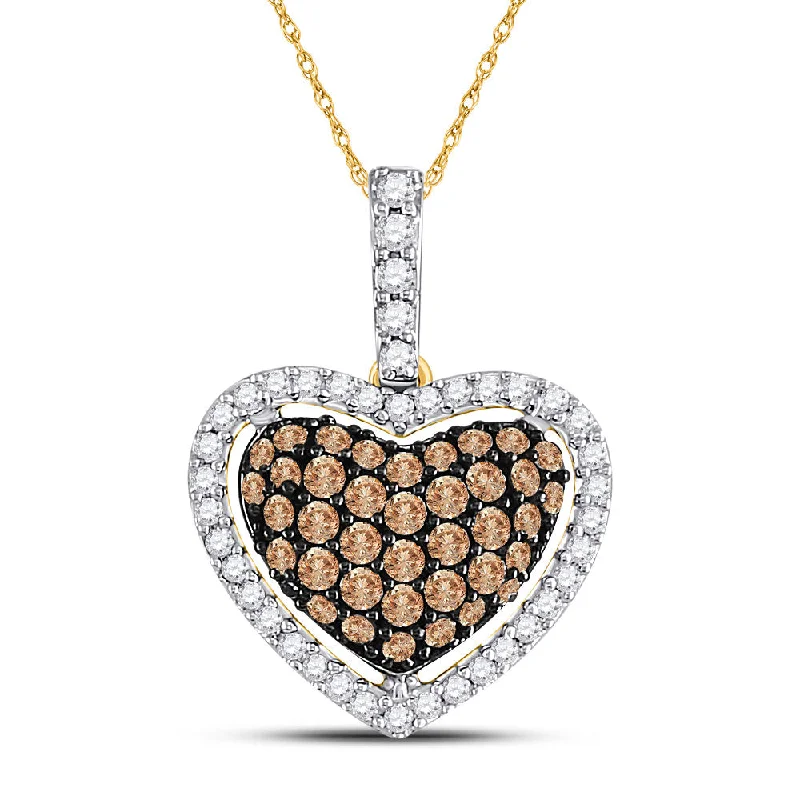 Frilled edge necklace-10kt Yellow Gold Womens Round Brown Diamond Heart Pendant 1/2 Cttw