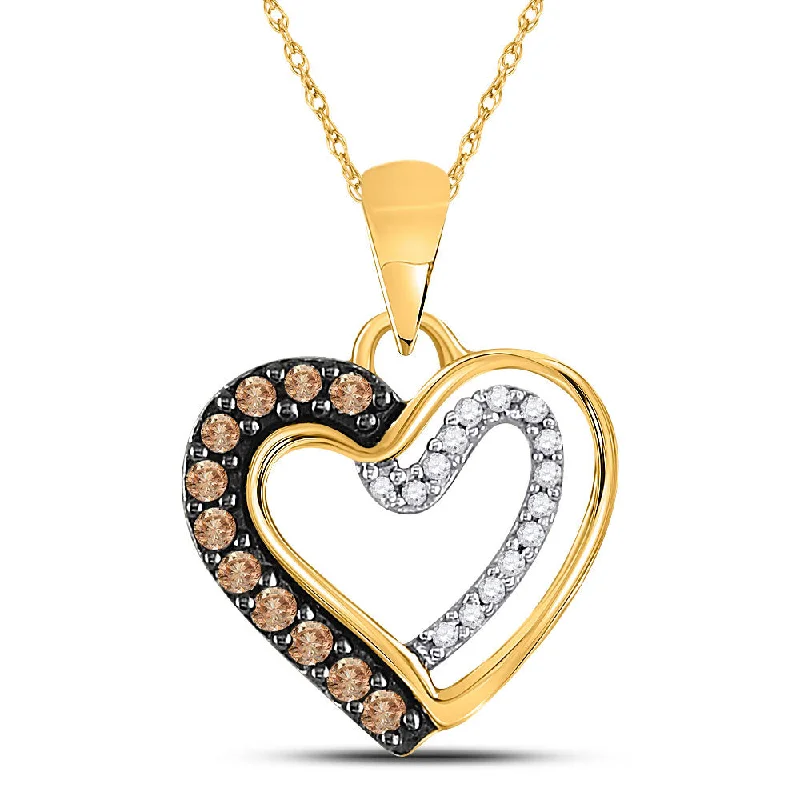 Fine filigree necklace-10kt Yellow Gold Womens Round Brown Diamond Heart Pendant 1/5 Cttw