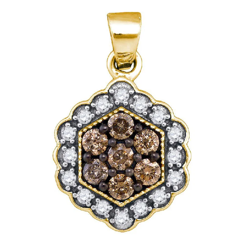 Icy topaz necklace-10kt Yellow Gold Womens Round Brown Diamond Hexagon Flower Cluster Pendant 1/2 Cttw