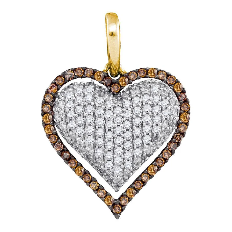 Glossy hematite necklace-10kt Yellow Gold Womens Round Brown Diamond Outline Heart Cluster Pendant 7/8 Cttw