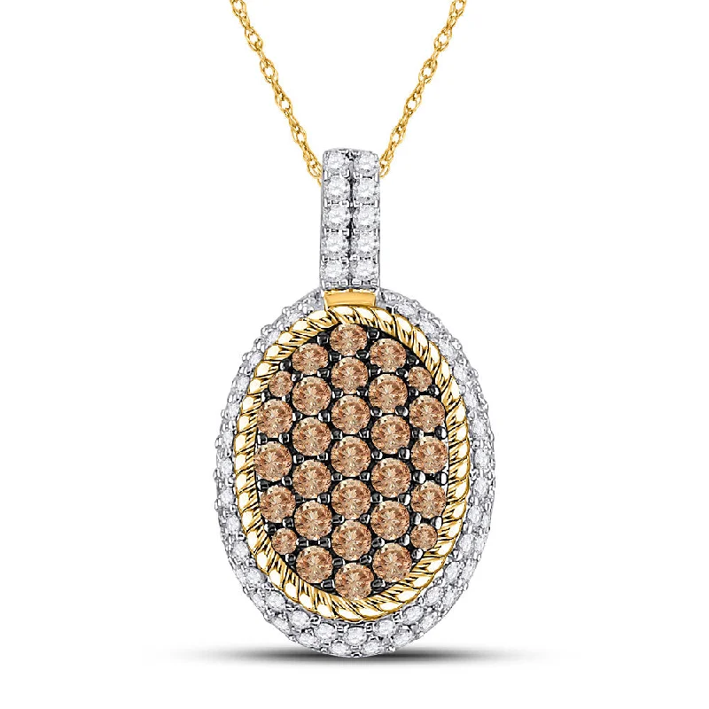 Vivid stone necklace-10kt Yellow Gold Womens Round Brown Diamond Oval Rope Frame Cluster Pendant 1 Cttw