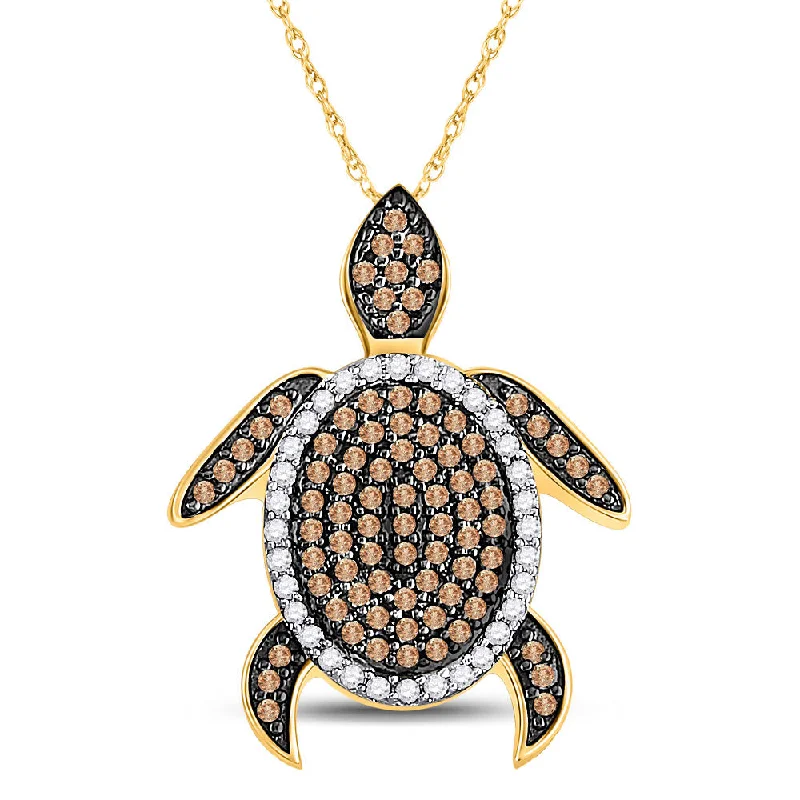 Stellar design necklace-10kt Yellow Gold Womens Round Brown Diamond Sea Turtle Animal Pendant 3/8 Cttw